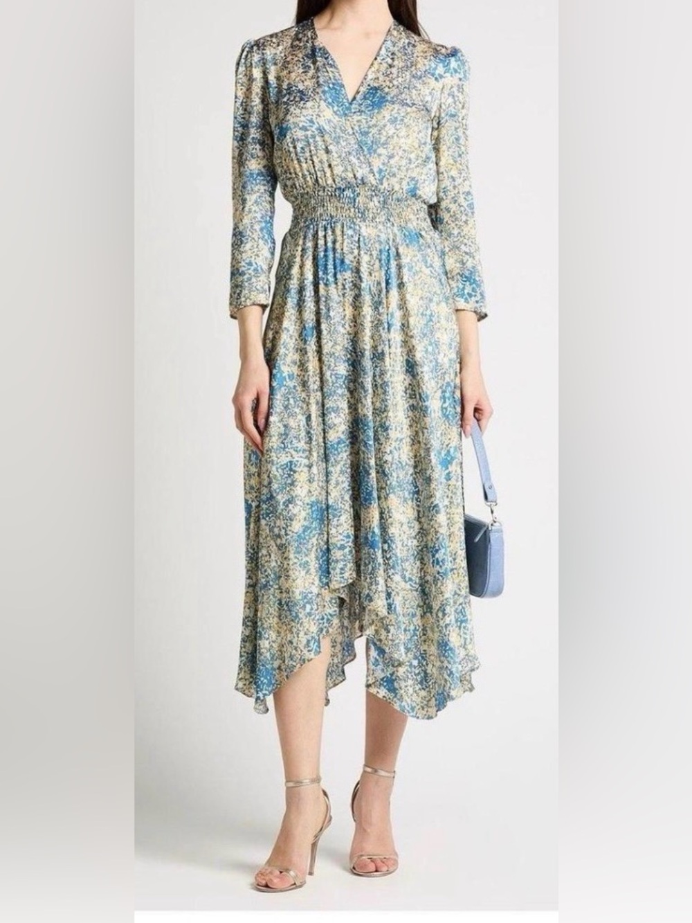 Floral Blue and Cream Smocked Waist Midi Dress
